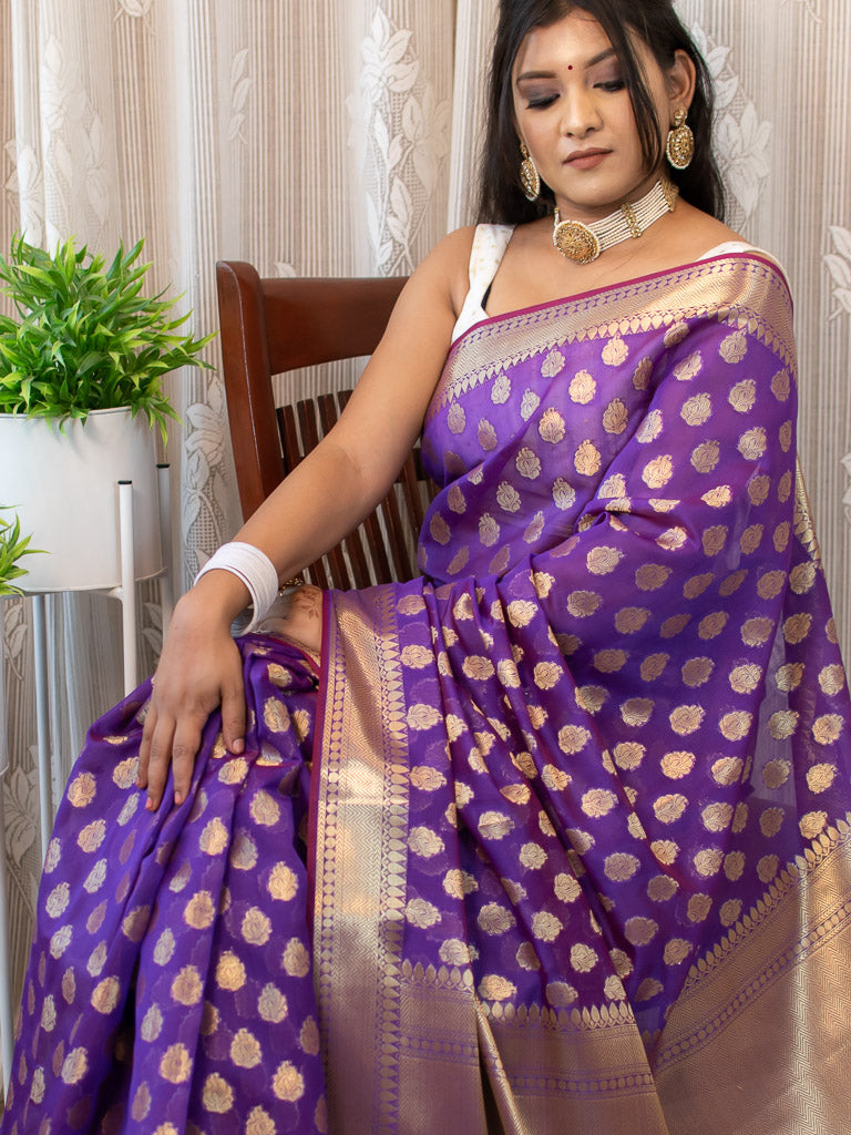 Banarasi Semi Silk Saree With Zari Buti Weaving-Purple