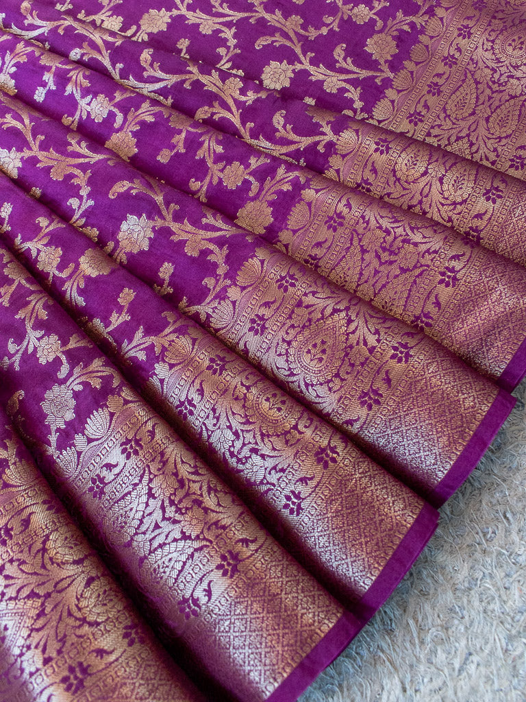 Banarasi Semi Silk Saree Antique Zari Jaal Weaving Saree-Deep Purple