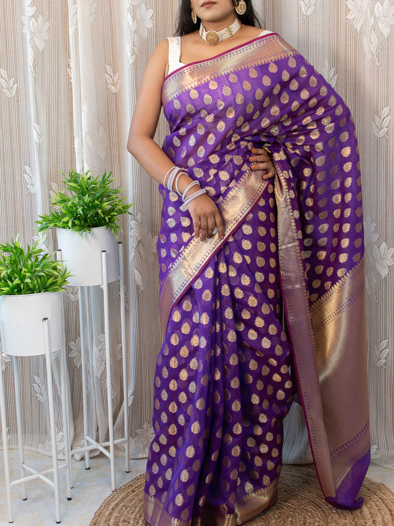 Banarasi Semi Silk Saree With Zari Buti Weaving-Purple
