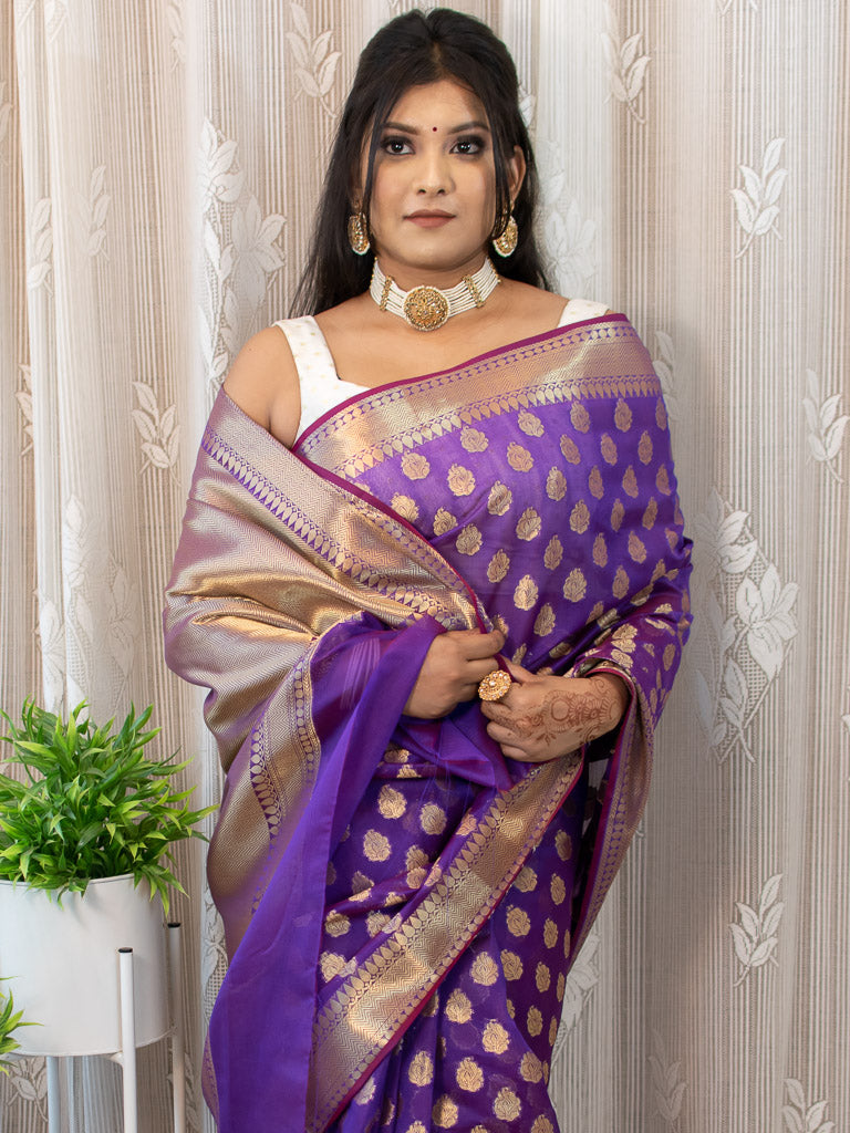 Banarasi Semi Silk Saree With Zari Buti Weaving-Purple