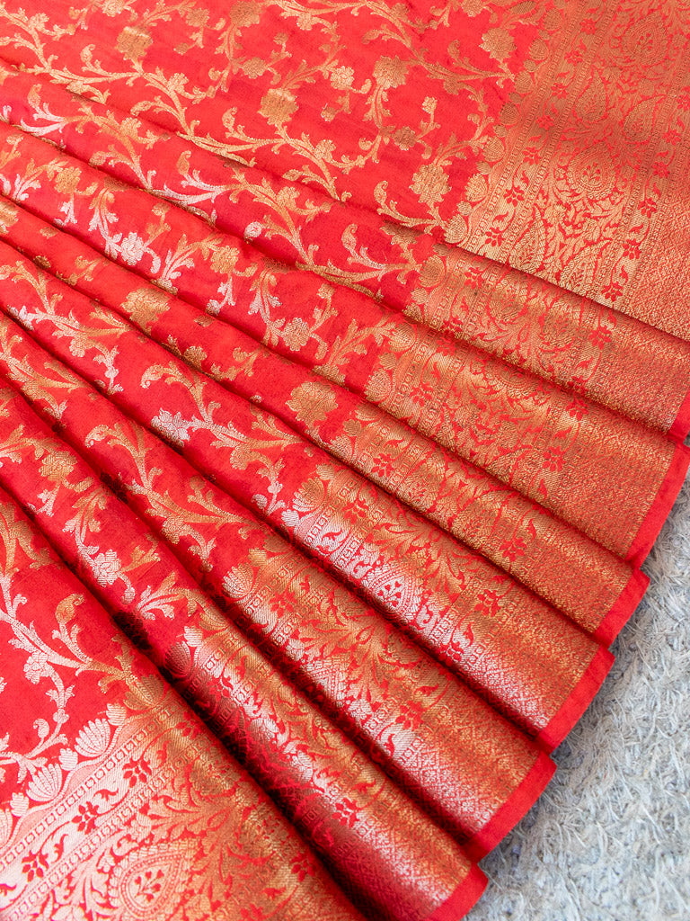 Banarasi Semi Silk Saree Antique Zari Jaal Weaving Saree-Red