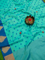 Banarasi Kora Muslin Saree With Tanchoi Weaving Contrast Floral Border-Aqua Blue