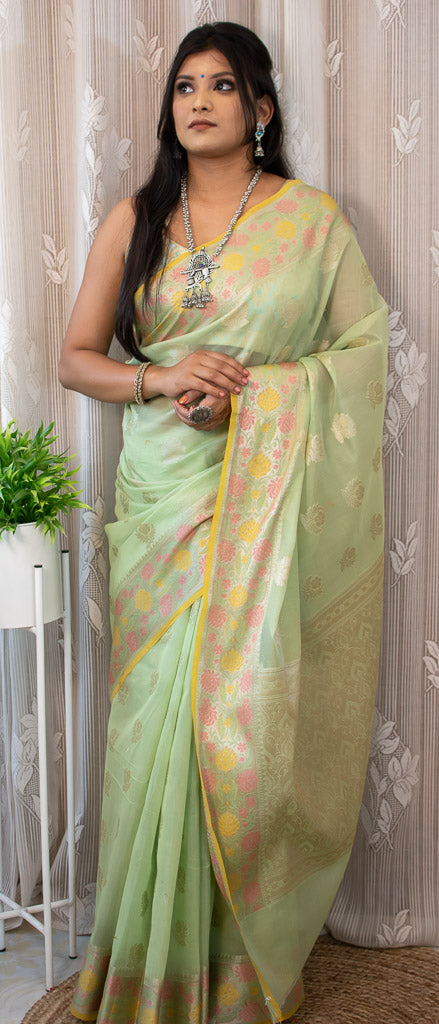 Banarasi Cotton Silk Resham & Zari Multi Coloured Weaving Saree-Green