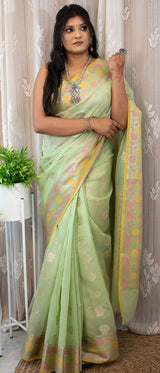 Banarasi Cotton Silk Resham & Zari Multi Coloured Weaving Saree-Green