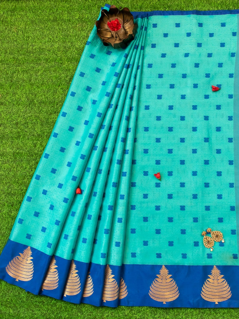 Banarasi Kora Muslin Saree With Tanchoi Weaving Contrast Floral Border-Aqua Blue