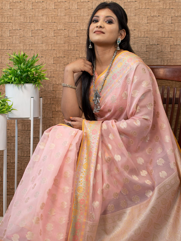Banarasi Cotton Silk Resham & Zari Multi Coloured Weaving Saree-Pink