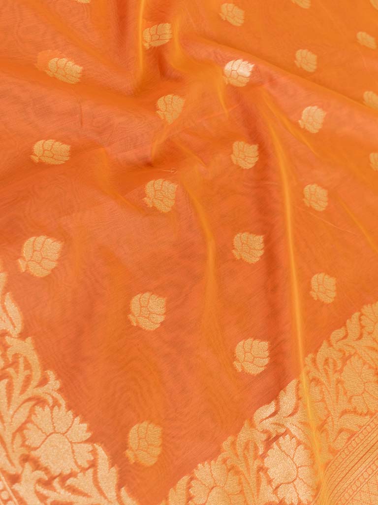 Banarasi Dupion Linen Saree With Silver Buti Weaving-Peach