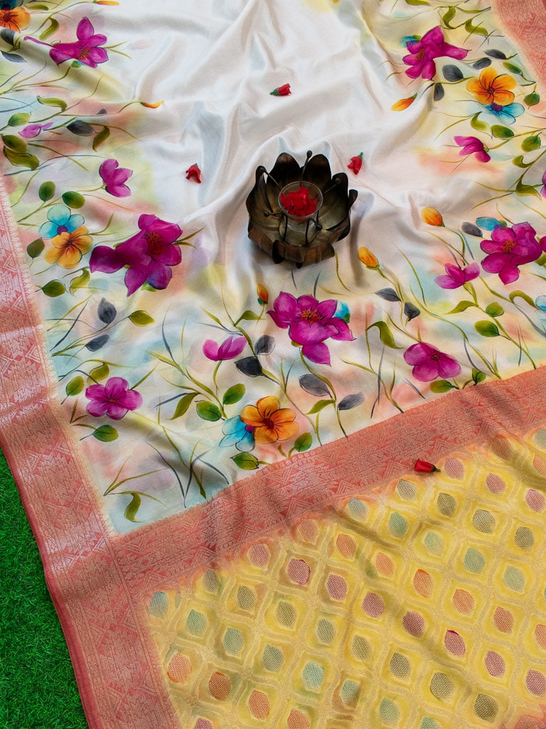 Handpainted Banarasi Semi Dupion Silk Saree With Zari Border-White
