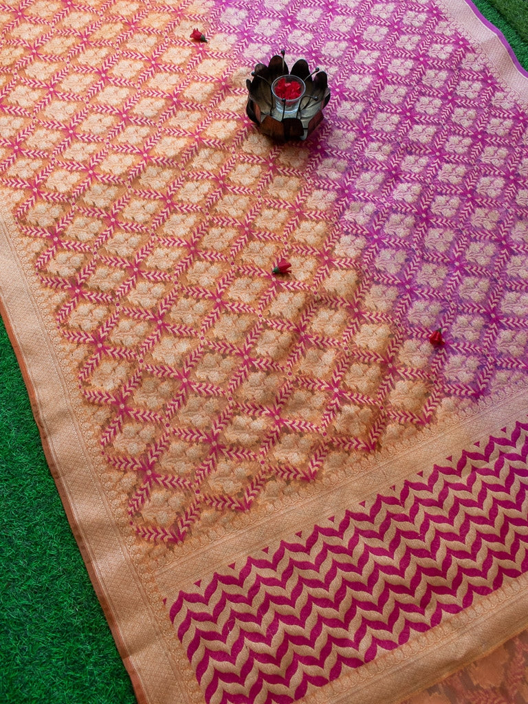 Banarasi Semi Georgette Saree With Zari Jaal Weaving-Orange & Pink