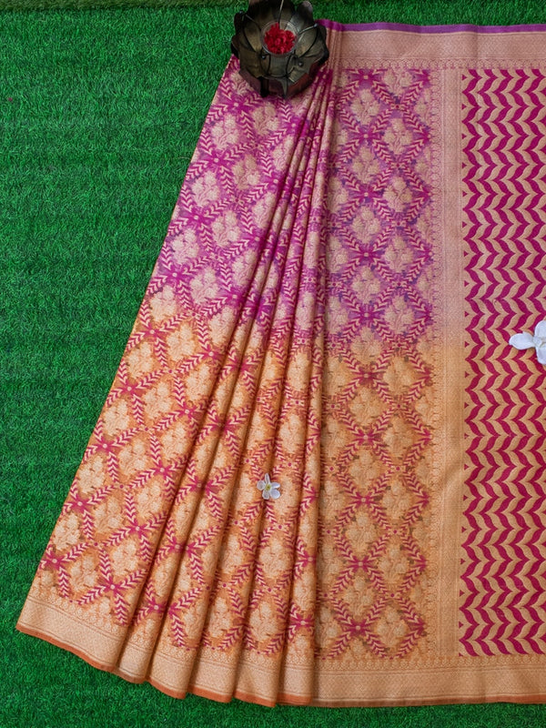 Banarasi Semi Georgette Saree With Zari Jaal Weaving-Orange & Pink