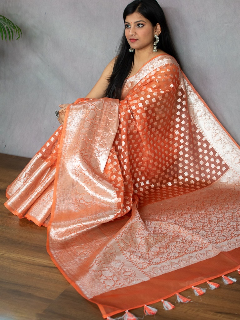 Banarasi Kora Saree With Silver Zari Buti Weaving-Orange