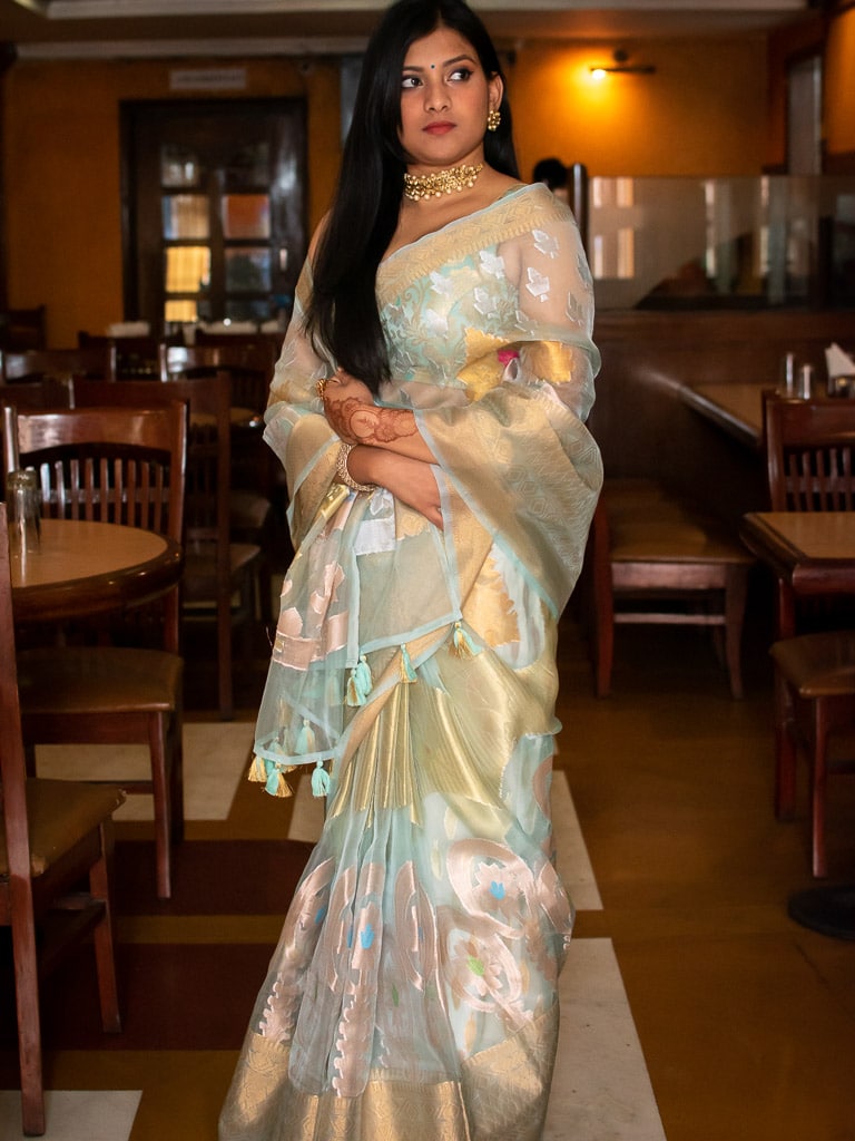 Banarasi Soft Tissue Saree With Zari & Resham  Weaving-Sky Blue