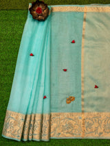 Banarasi Soft Net Saree With Antique Weaving Design-Light Blue