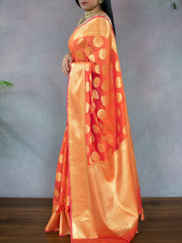 Banarasi Semi Silk Saree With Antique Zari Buta Weaving-Orange