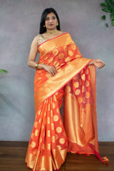 Banarasi Semi Silk Saree With Antique Zari Buta Weaving-Orange