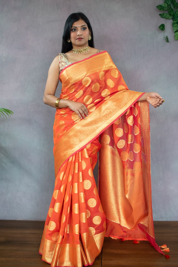 Banarasi Semi Silk Saree With Antique Zari Buta Weaving-Orange