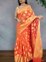 Banarasi Semi Silk Saree With Antique Zari Buta Weaving-Orange