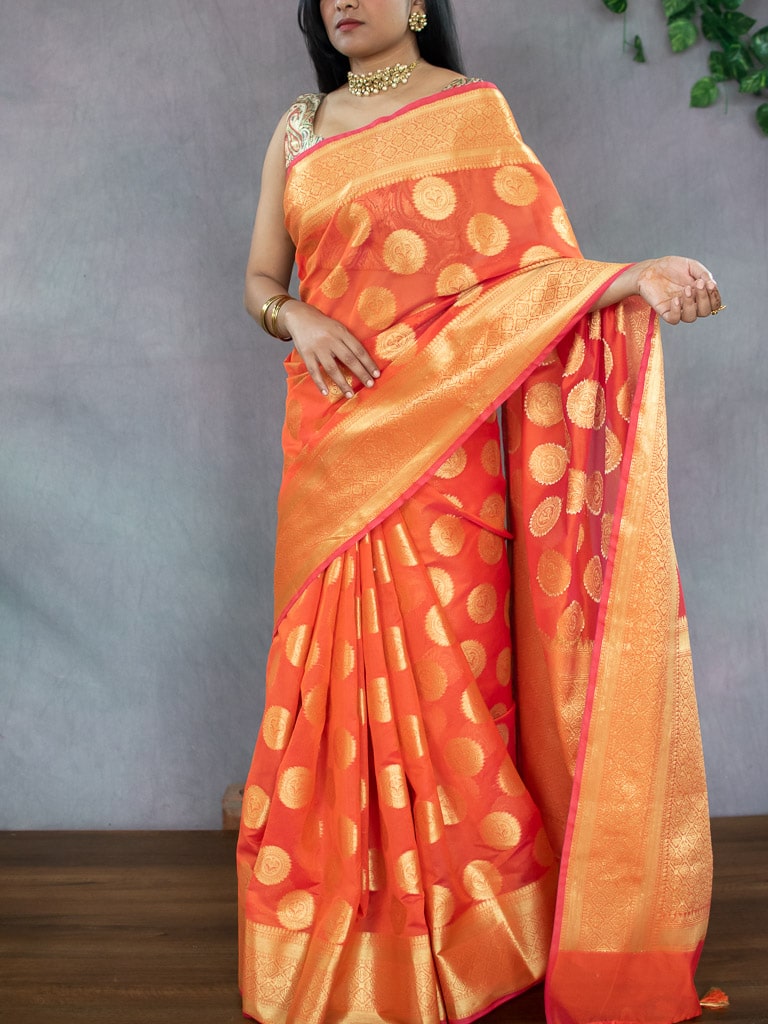 Banarasi Semi Silk Saree With Antique Zari Buta Weaving-Orange