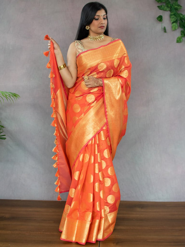 Banarasi Semi Silk Saree With Antique Zari Buta Weaving-Orange