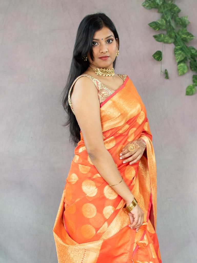 Banarasi Semi Silk Saree With Antique Zari Buta Weaving-Orange