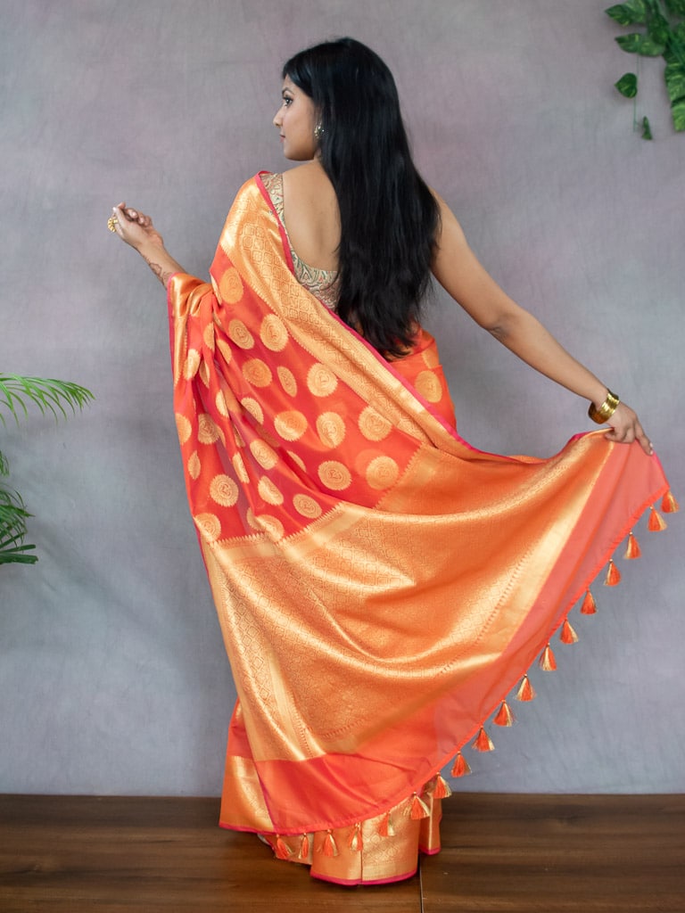 Banarasi Semi Silk Saree With Antique Zari Buta Weaving-Orange