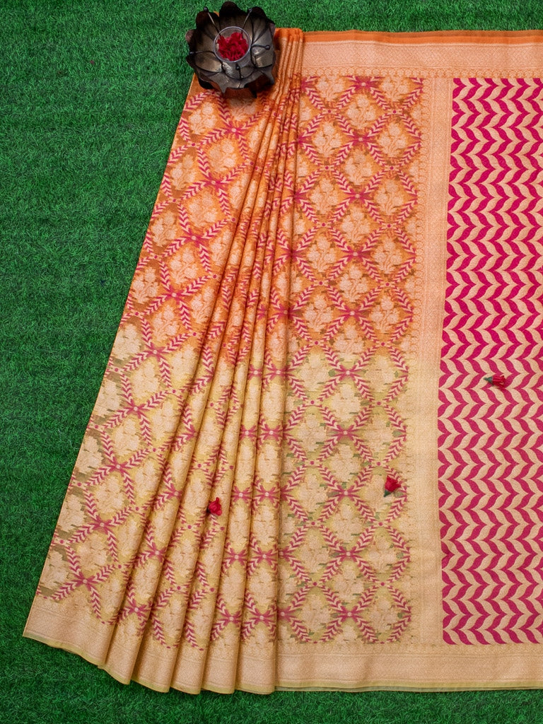 Banarasi Semi Georgette Saree With Zari Jaal Weaving-Orange & Green