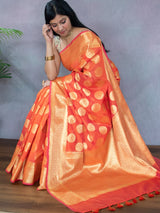 Banarasi Semi Silk Saree With Antique Zari Buta Weaving-Orange