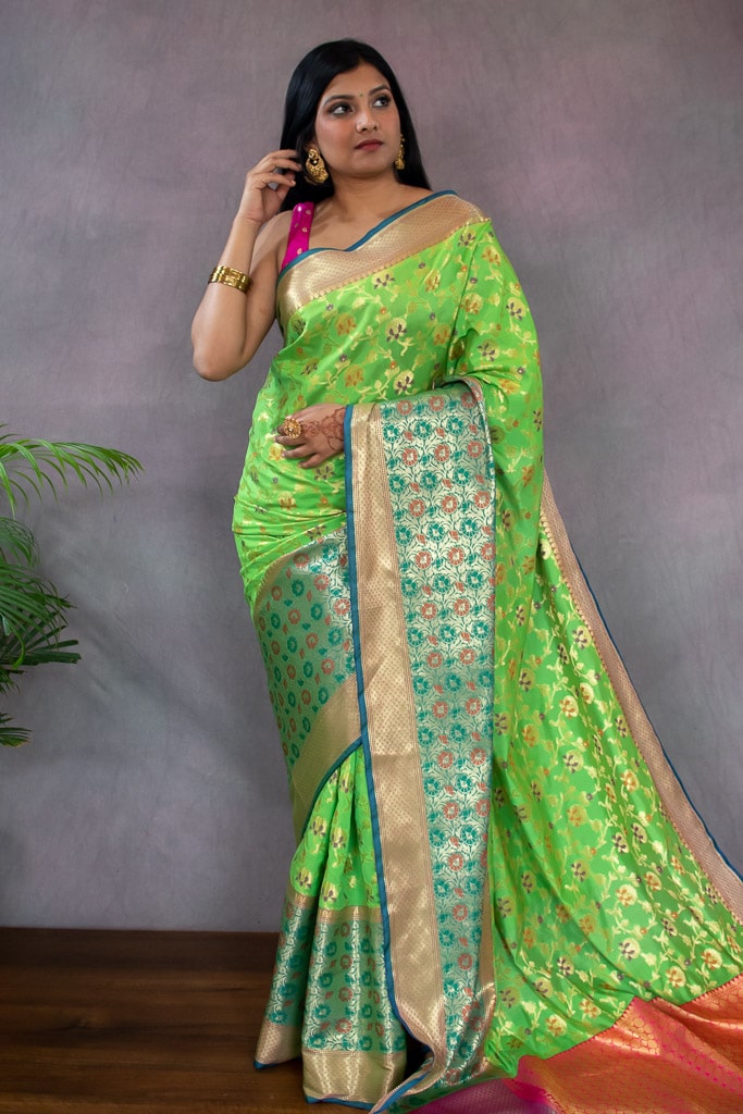 Banarasi Semi Silk Saree With Meena & Zari Jaal Weaving & Skirt Border-Green