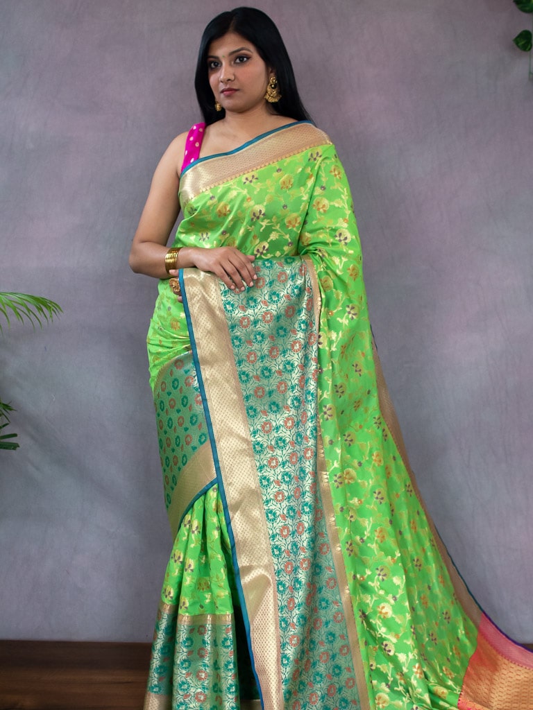 Banarasi Semi Silk Saree With Meena & Zari Jaal Weaving & Skirt Border-Green