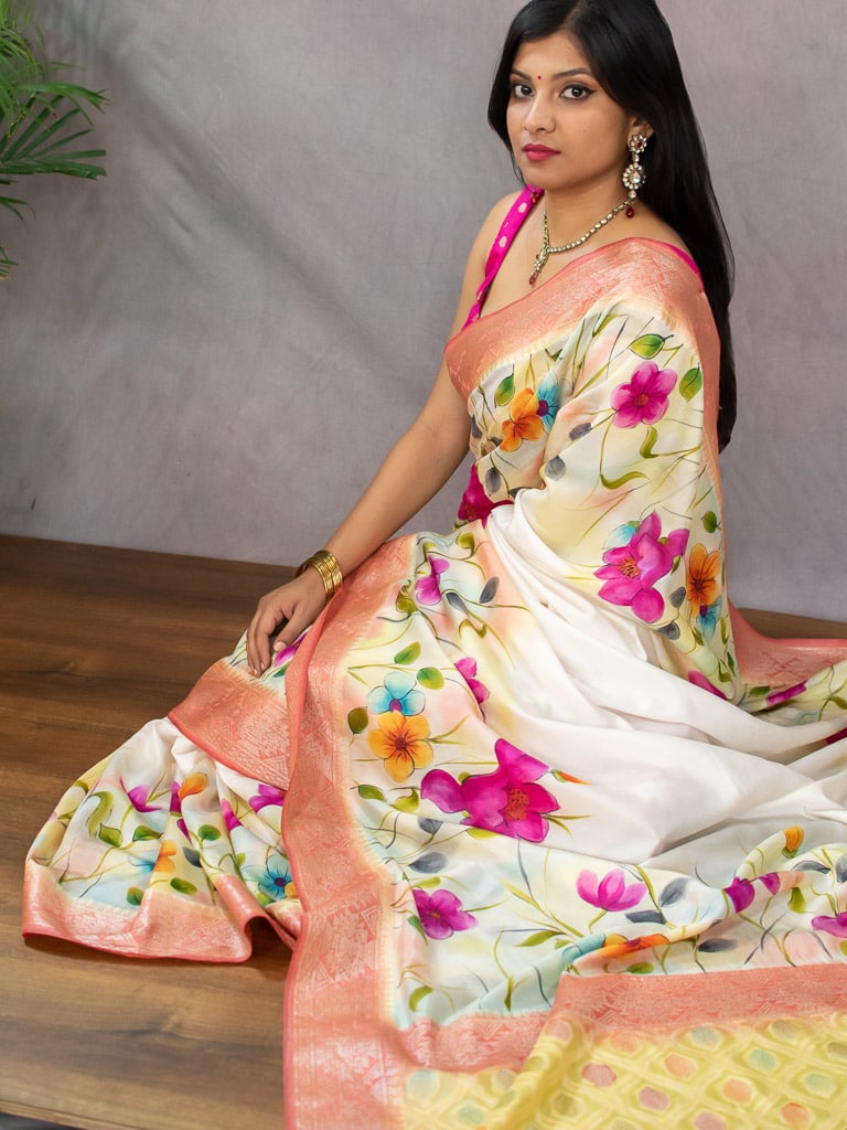 Handpainted Banarasi Semi Dupion Silk Saree With Zari Border-White