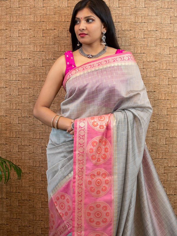Banarasi Cotton Silk Saree Check Weaving & Contrast Buta Border-Grey & Pink