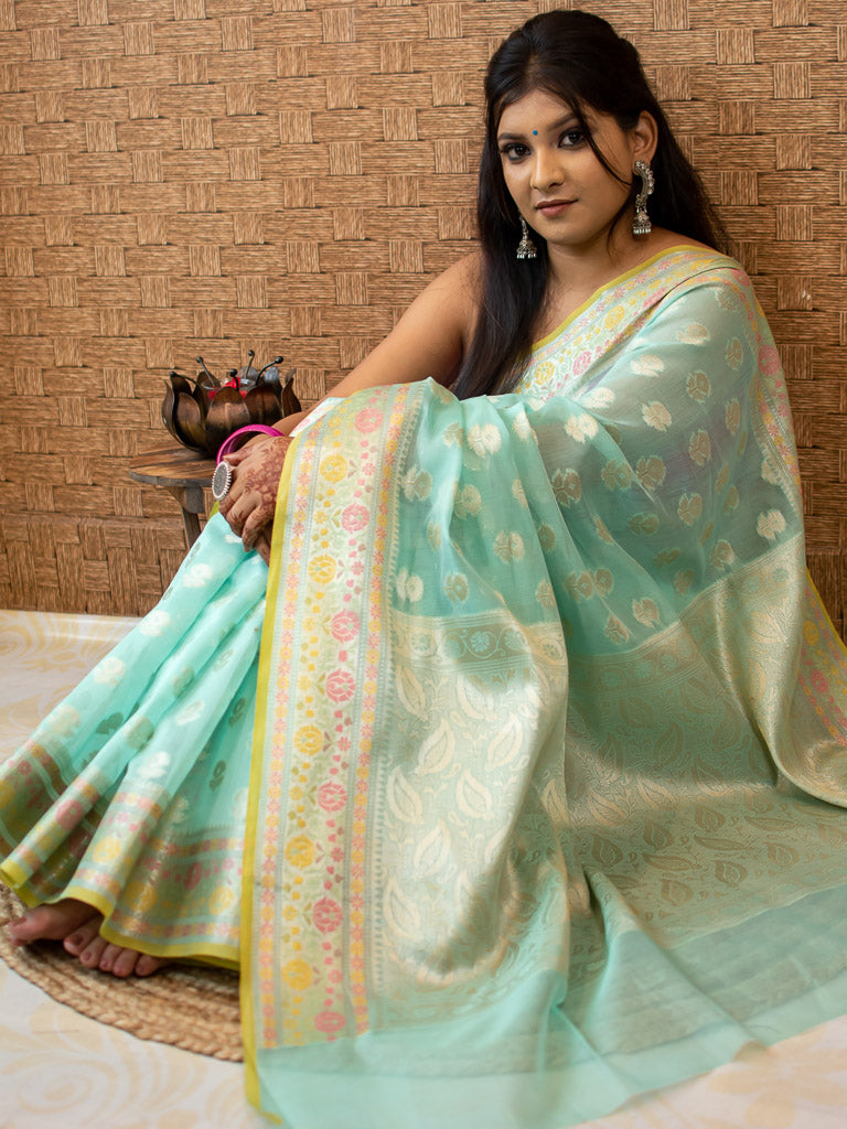 Banarasi Cotton Silk Resham & Zari Multi Coloured Weaving Saree-Blue
