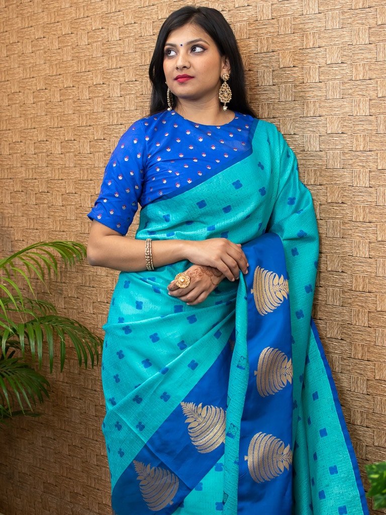 Banarasi Kora Muslin Saree With Tanchoi Weaving Contrast Floral Border-Aqua Blue