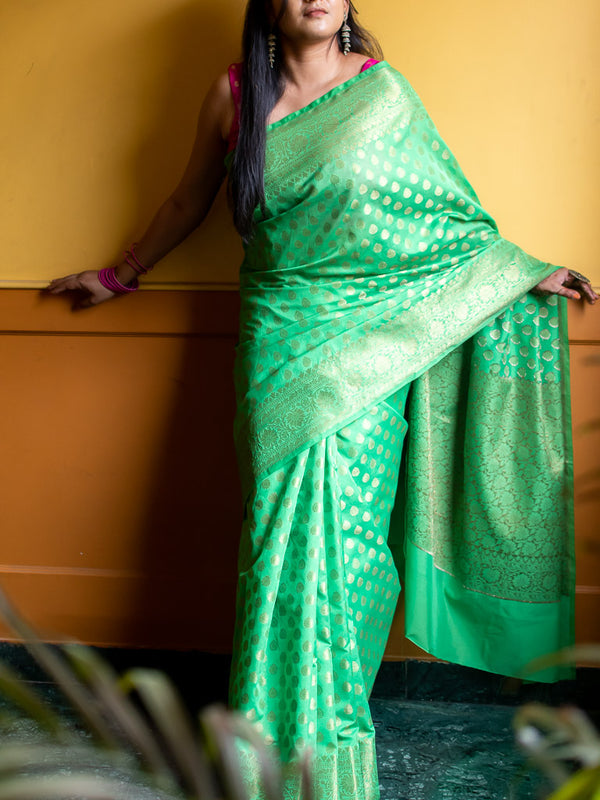 Banarasi Soft Cotton Silk Saree Antique Zari Weaving-Green