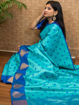 Banarasi Kora Muslin Saree With Tanchoi Weaving Contrast Floral Border-Aqua Blue