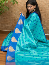 Banarasi Kora Muslin Saree With Tanchoi Weaving Contrast Floral Border-Aqua Blue