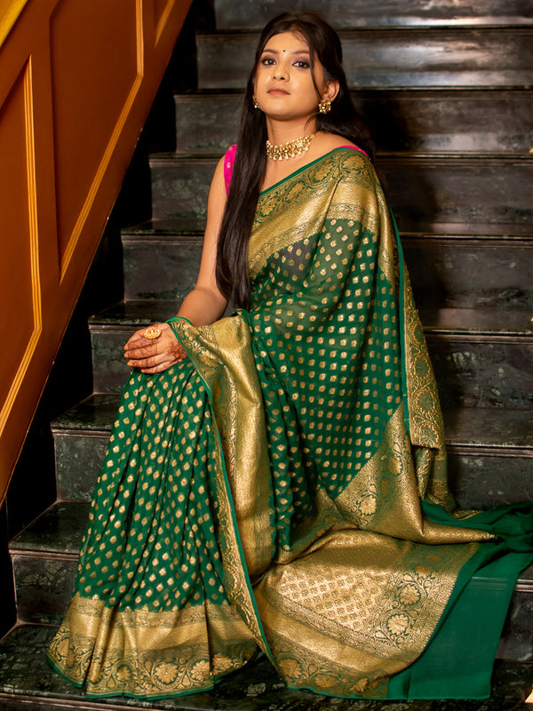 Banarasi Pure Georgette Saree With  Antique Zari Buti Weaving-Green