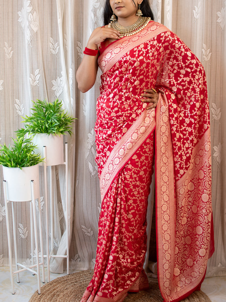 Red khaddi Georgette Banarsi Saree With Zari Weaving With Floral Jaal All Over 2024 For lady