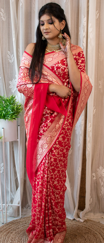 Red khaddi Georgette Banarsi store Saree With Zari Weaving With Floral Jaal All Over For lady