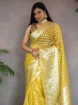 Banarasi Kora Saree With Silver Zari Buti Weaving-Yellow