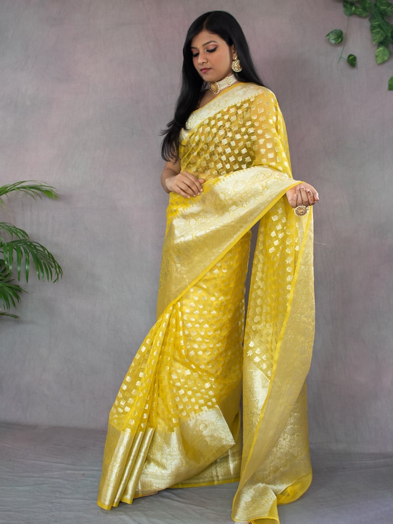 Banarasi Kora Saree With Silver Zari Buti Weaving-Yellow