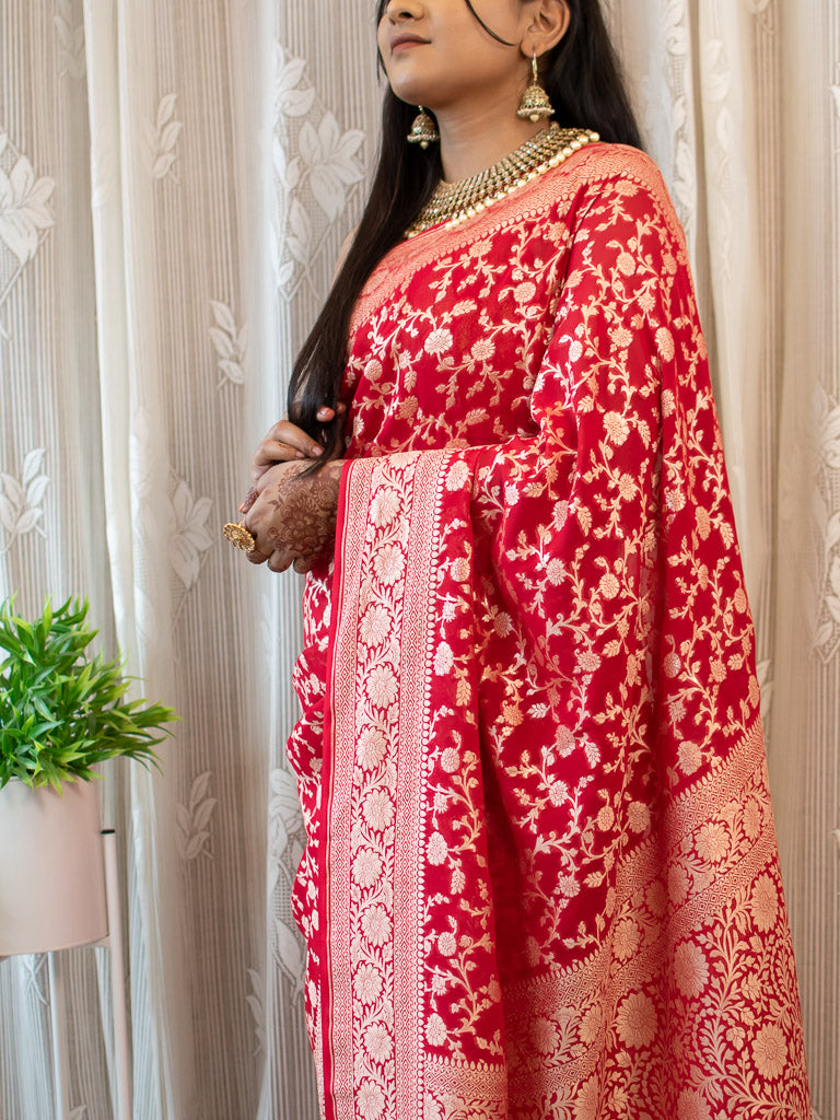 Banarasi Pure Khaddi Georgette Saree With Jaal  Zari Weaving-Red