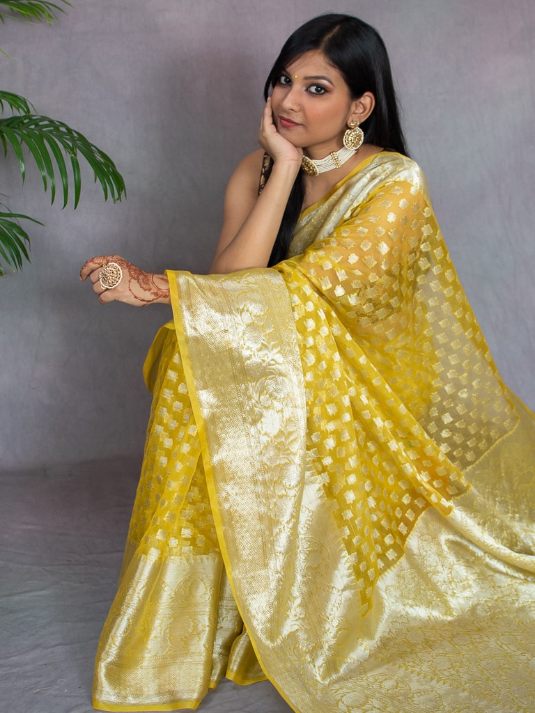 Banarasi Kora Saree With Silver Zari Buti Weaving-Yellow