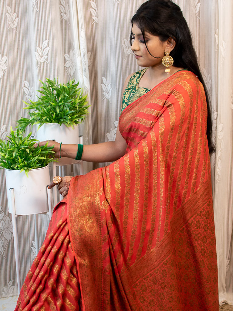Banarasi Pure Georgette Saree With Aada Antique Zari Weaving-Red