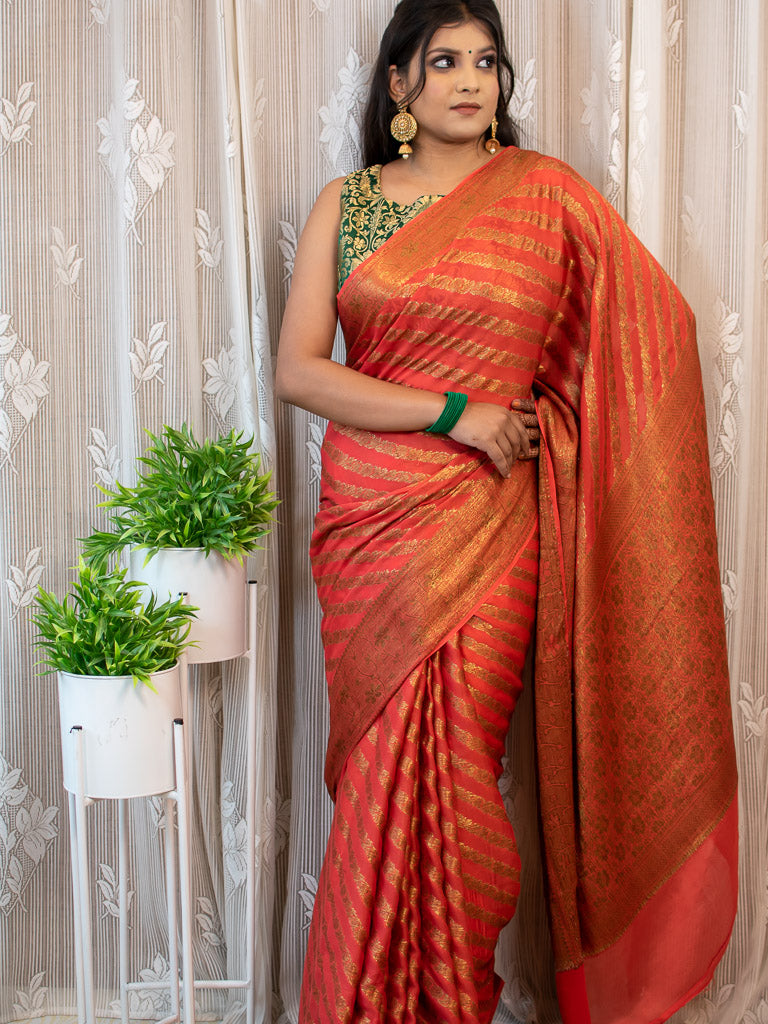 Banarasi Pure Georgette Saree With Aada Antique Zari Weaving-Red