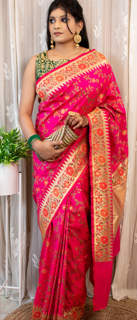 Banarasi Handloom Art Katan Silk Saree With Meena Jaal Weaving-Pink