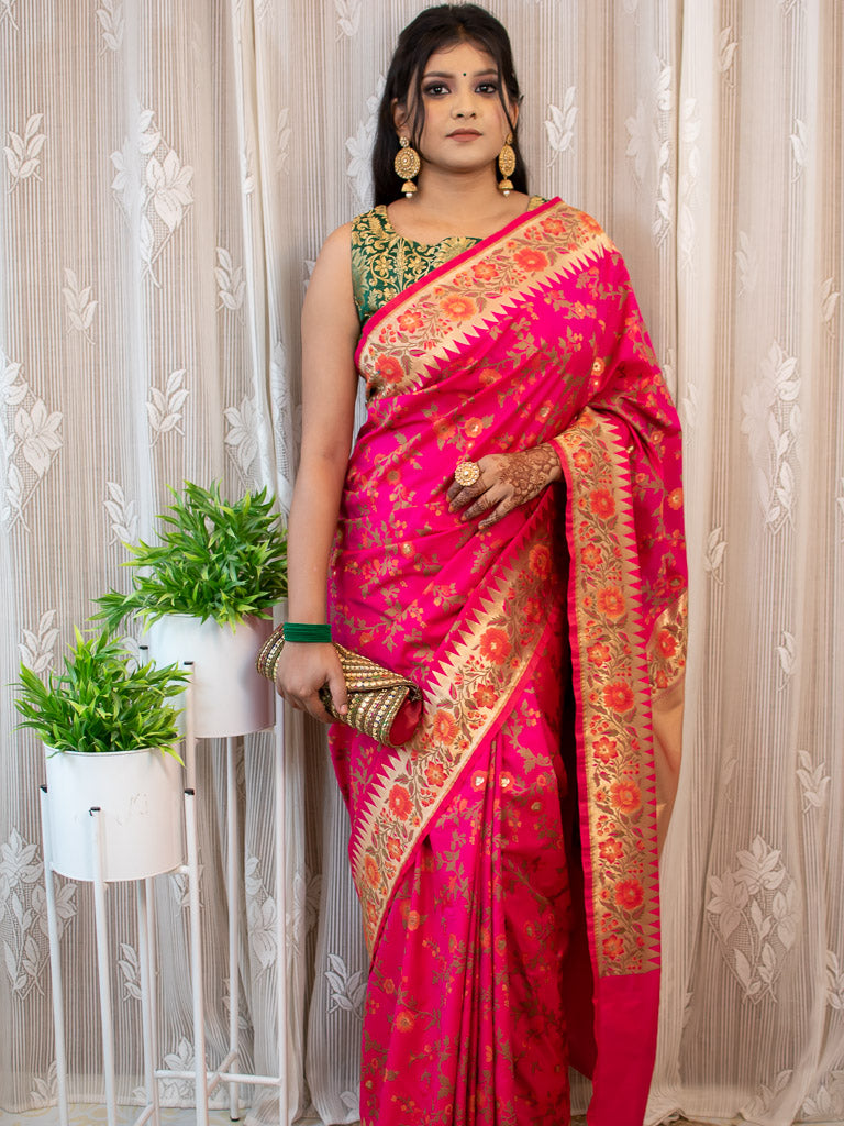 Banarasi Handloom Art Katan Silk Saree With Meena Jaal Weaving-Pink