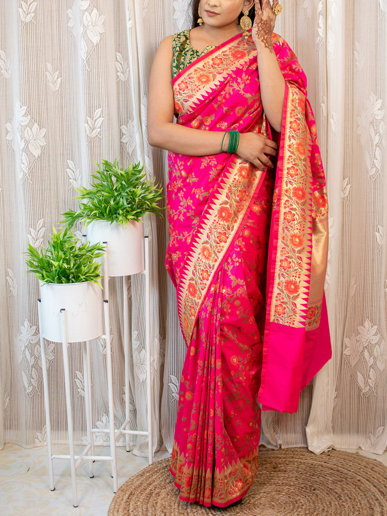 Banarasi Handloom Art Katan Silk Saree With Meena Jaal Weaving-Pink