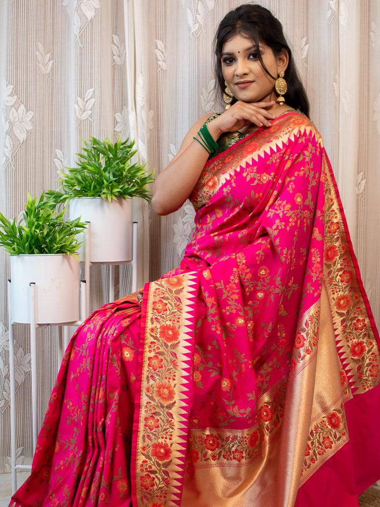 Banarasi Handloom Art Katan Silk Saree With Meena Jaal Weaving-Pink