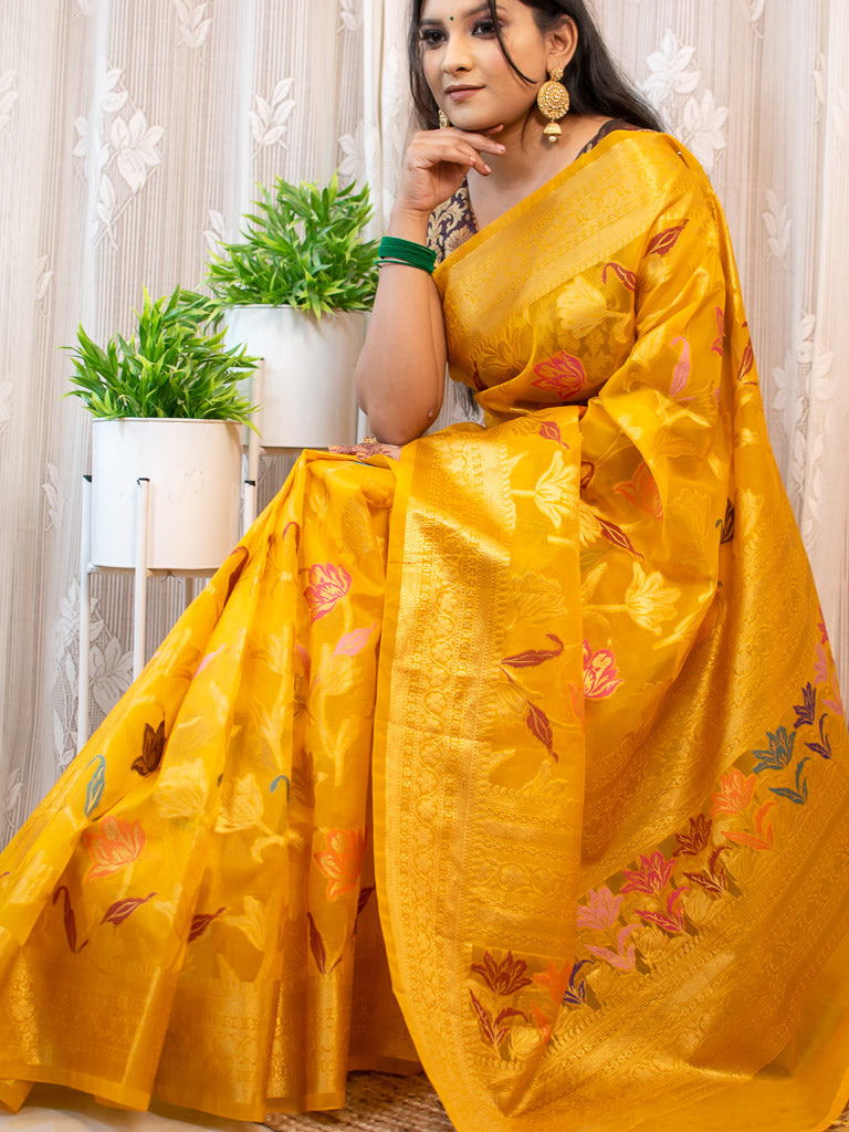 Banarasi Organza Saree With Zari & Resham Floral Weaving-DeepYellow